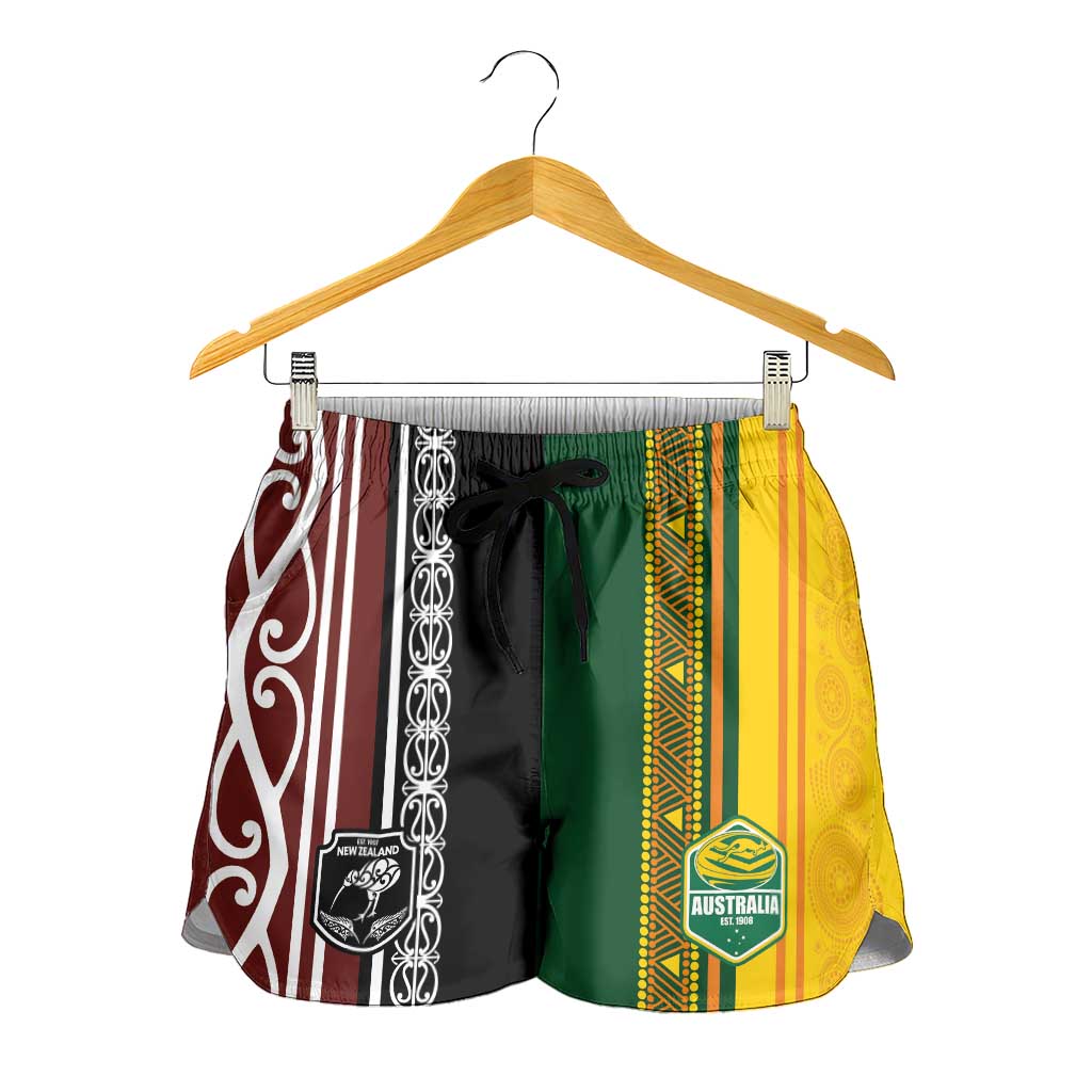 New Zealand and Australia Rugby Shorts for Women Burgundy Koru Geometric with Aboriginal Chevron Sport Style