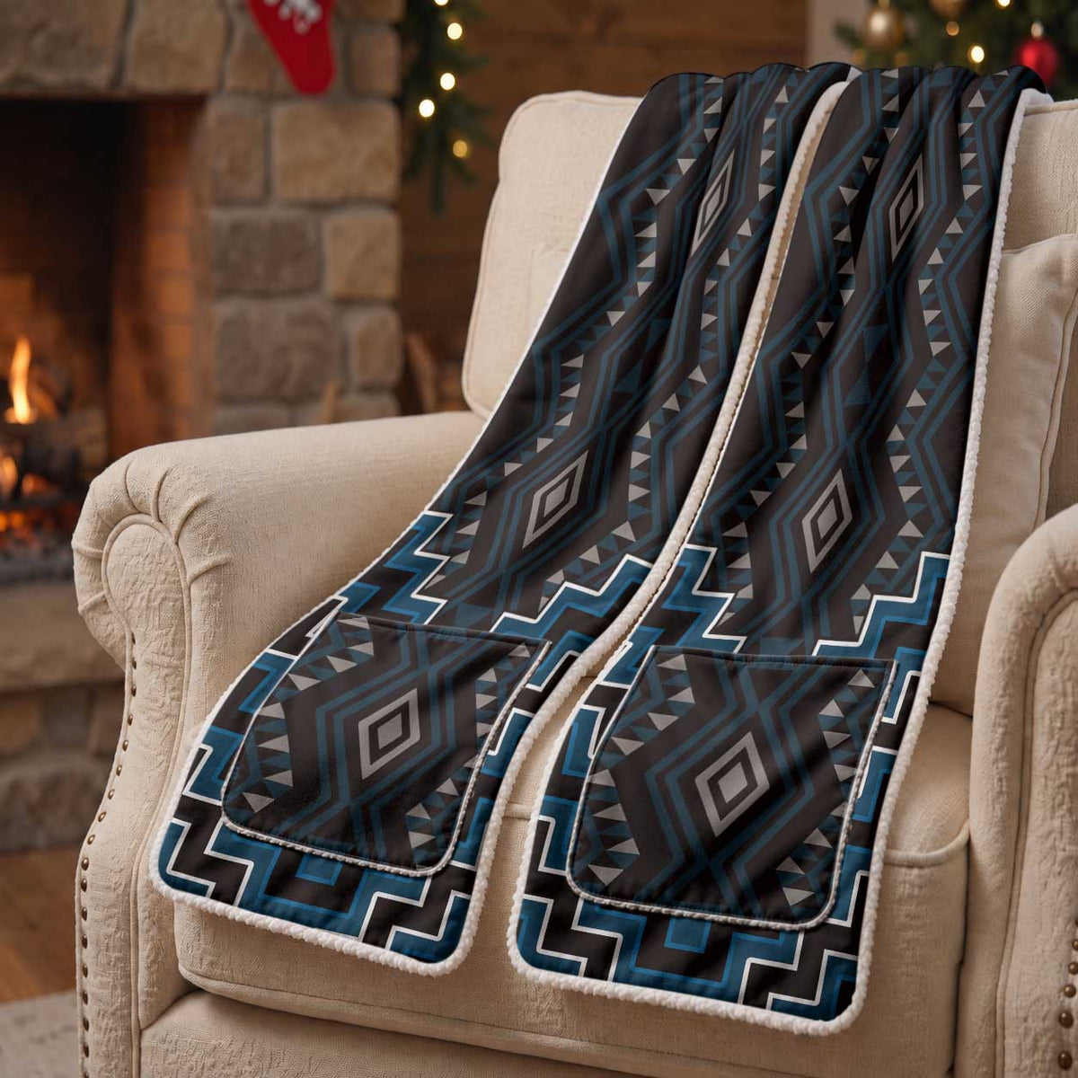 New Zealand Aotearoa Pocket Scarf Blue Poutama With Taniko Pattern