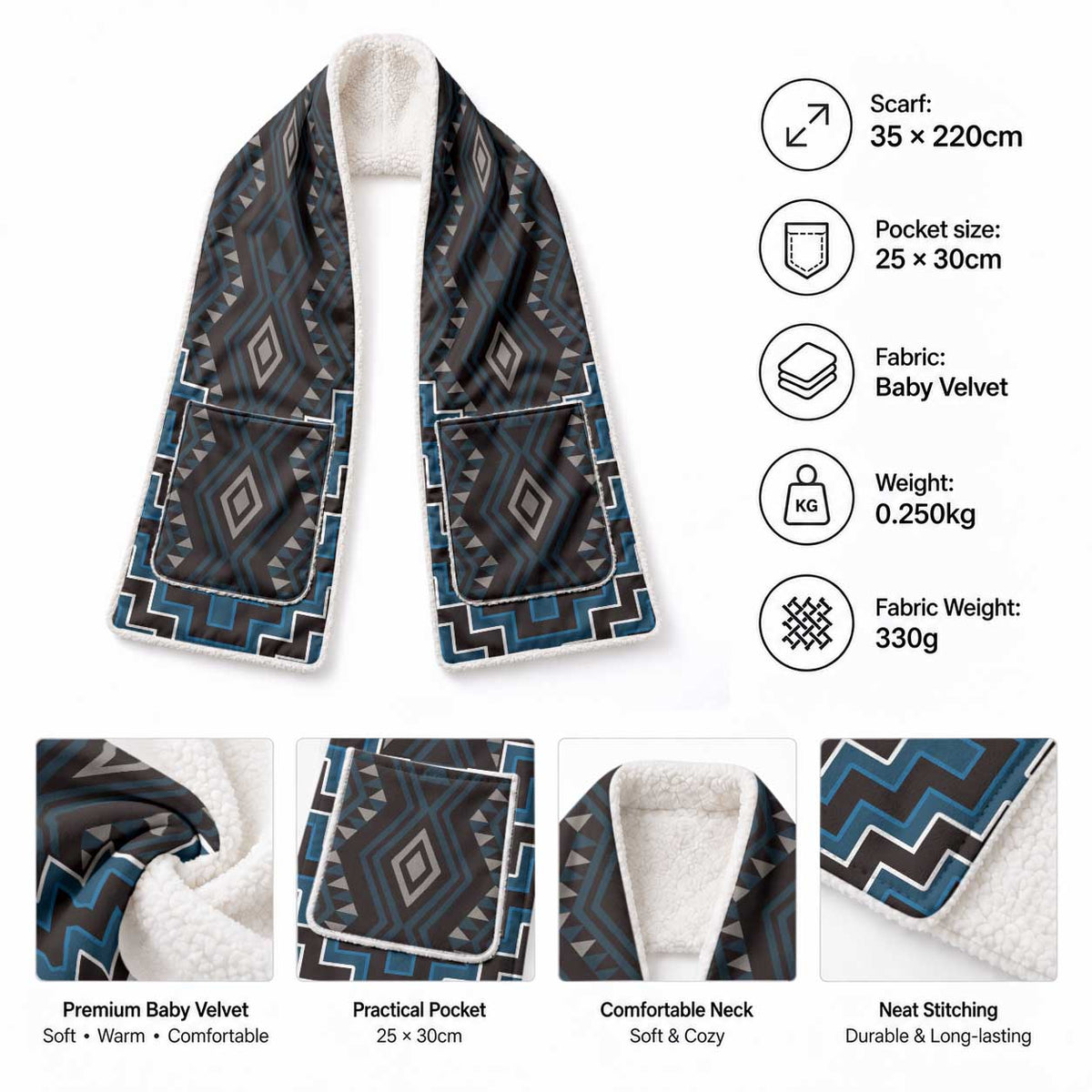New Zealand Aotearoa Pocket Scarf Blue Poutama With Taniko Pattern