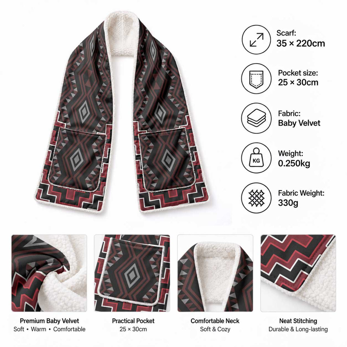 New Zealand Aotearoa Pocket Scarf Red Poutama With Taniko Pattern