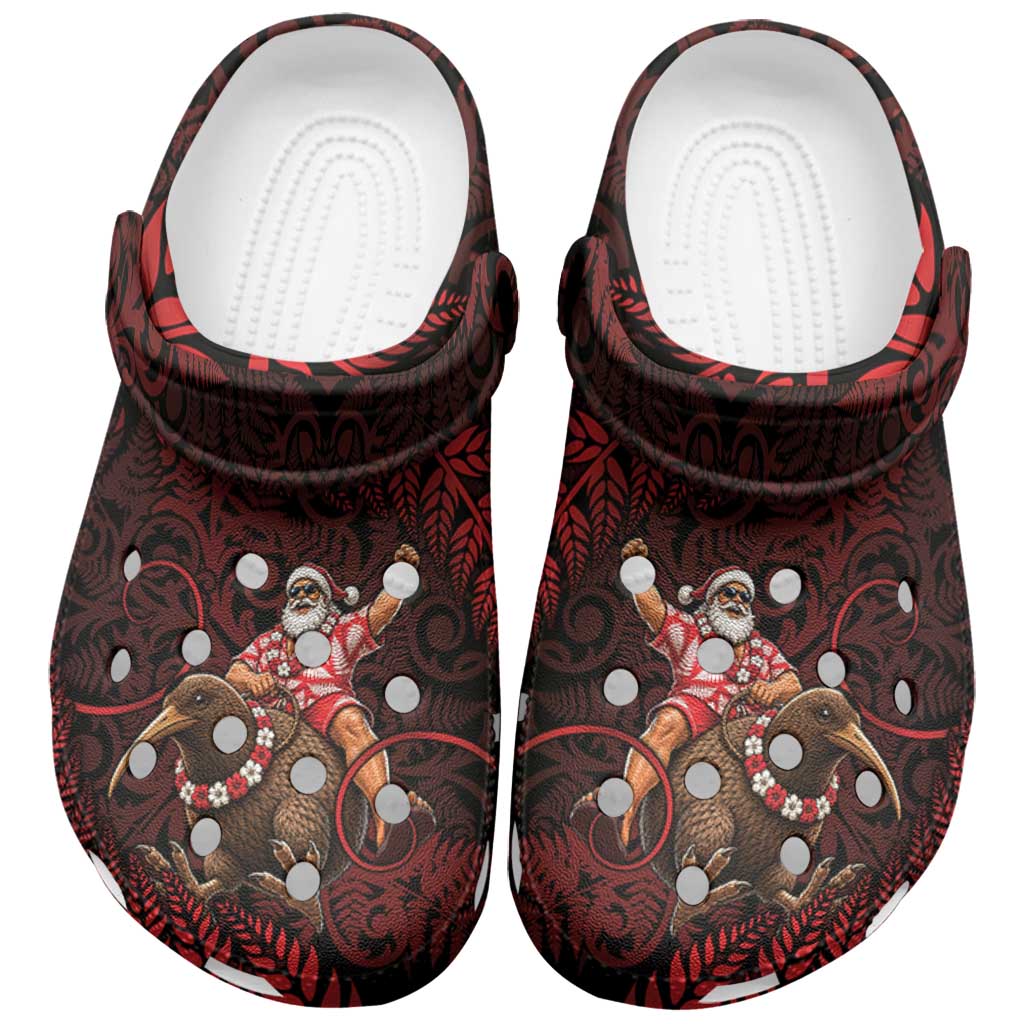 New Zealand Christmas Clogs Shoes Red Santa Riding Kiwi Bird Silver Fern
