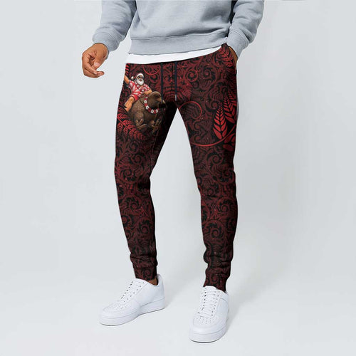 New Zealand Christmas Jogger Pants Red Santa Riding Kiwi Bird Silver Fern
