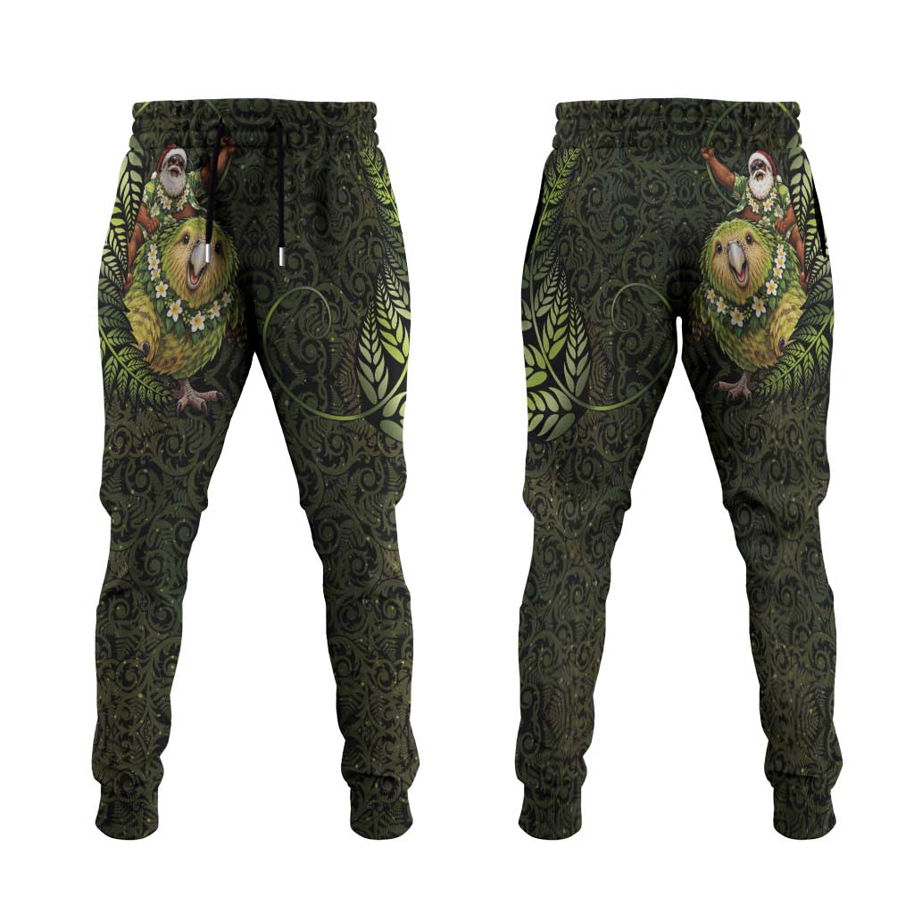 New Zealand Christmas Jogger Pants Santa Riding Kakapo Bird Silver Fern