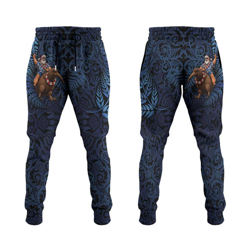New Zealand Christmas Jogger Pants Santa Riding Kiwi Bird Silver Fern