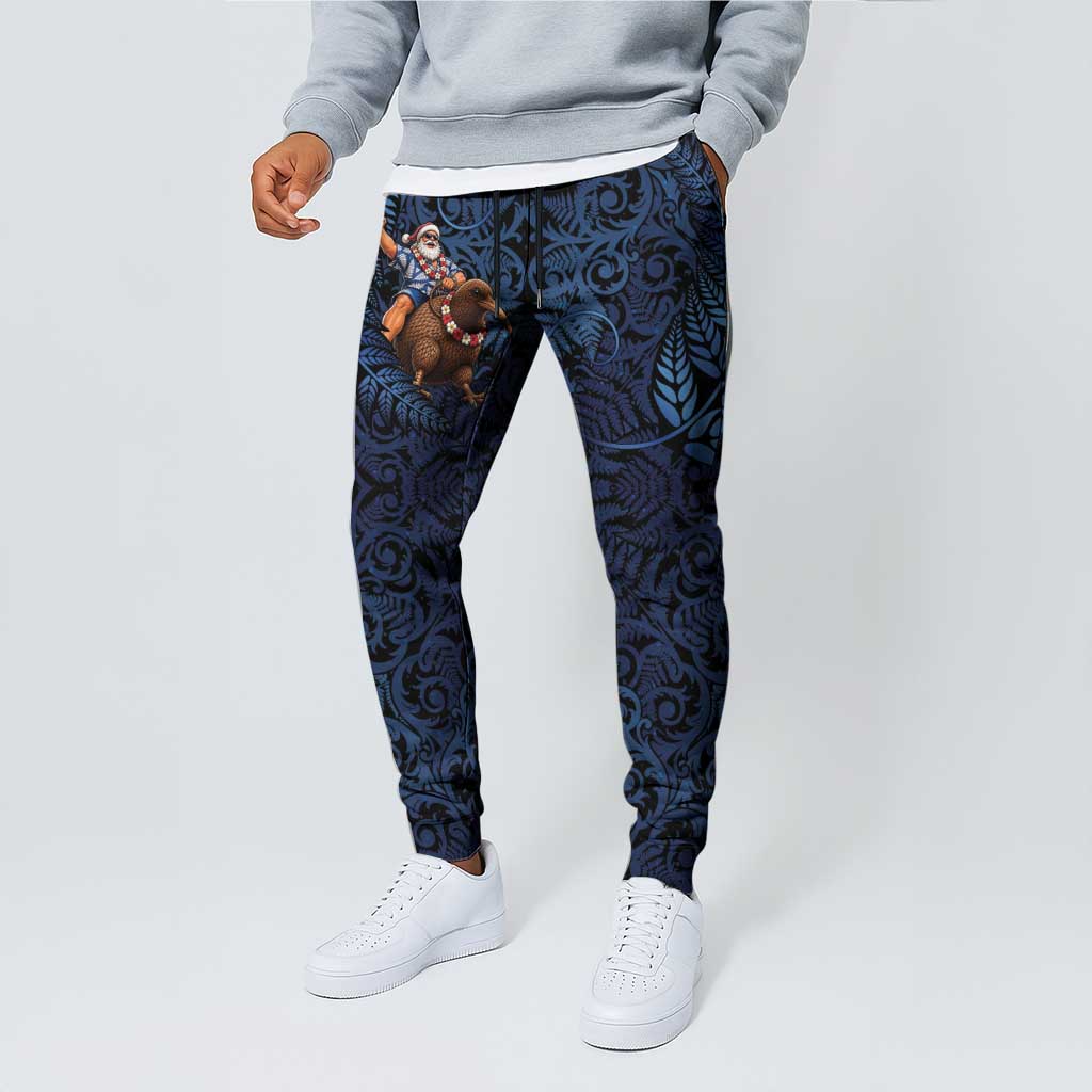 New Zealand Christmas Jogger Pants Santa Riding Kiwi Bird Silver Fern