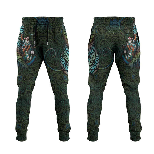 New Zealand Christmas Jogger Pants Santa Riding Tui Bird Silver Fern