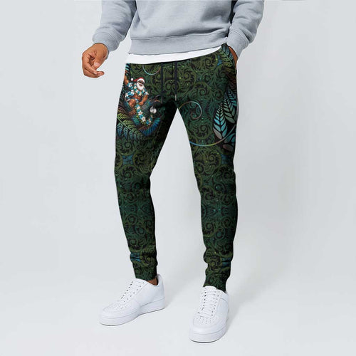 New Zealand Christmas Jogger Pants Santa Riding Tui Bird Silver Fern