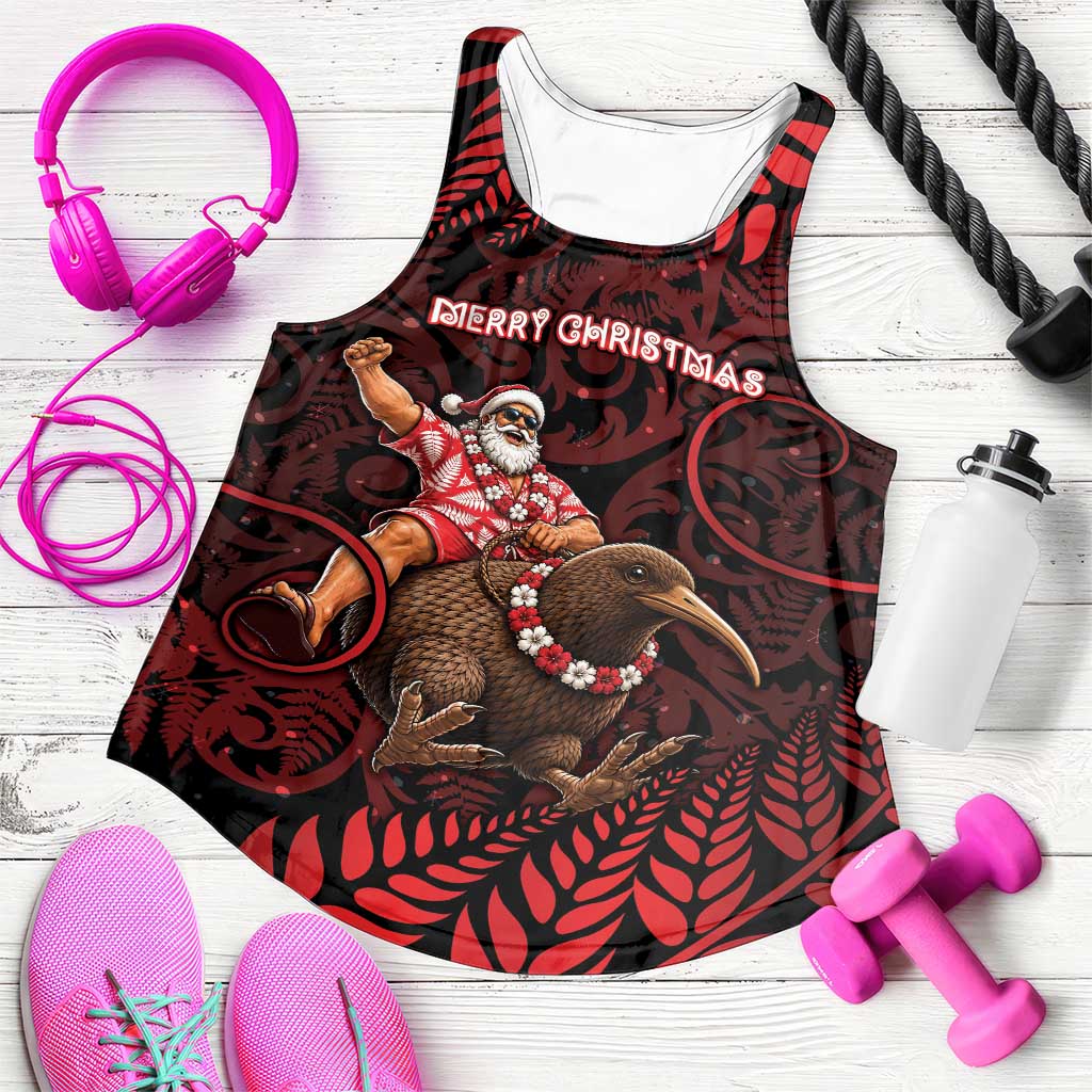 New Zealand Christmas Women Racerback Tank Red Santa Riding Kiwi Bird Silver Fern