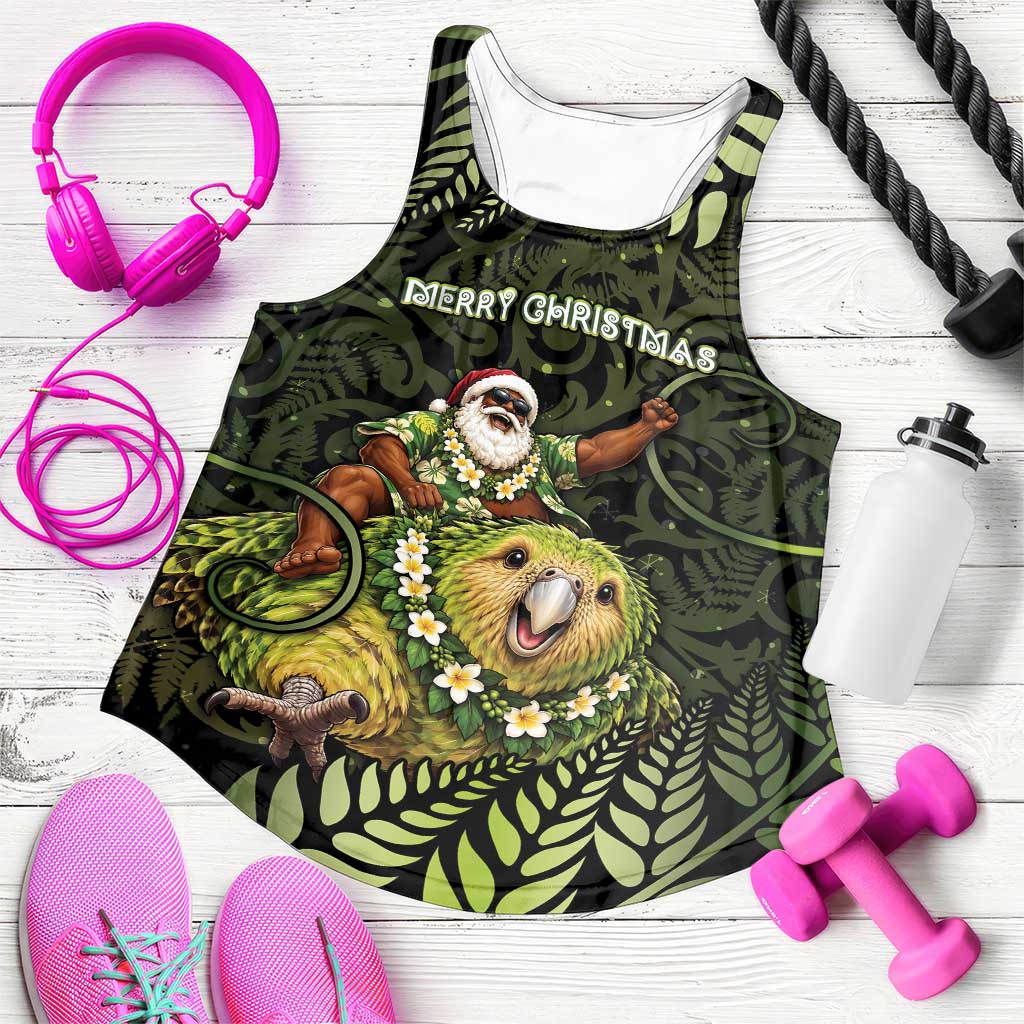 New Zealand Christmas Women Racerback Tank Santa Riding Kakapo Bird Silver Fern