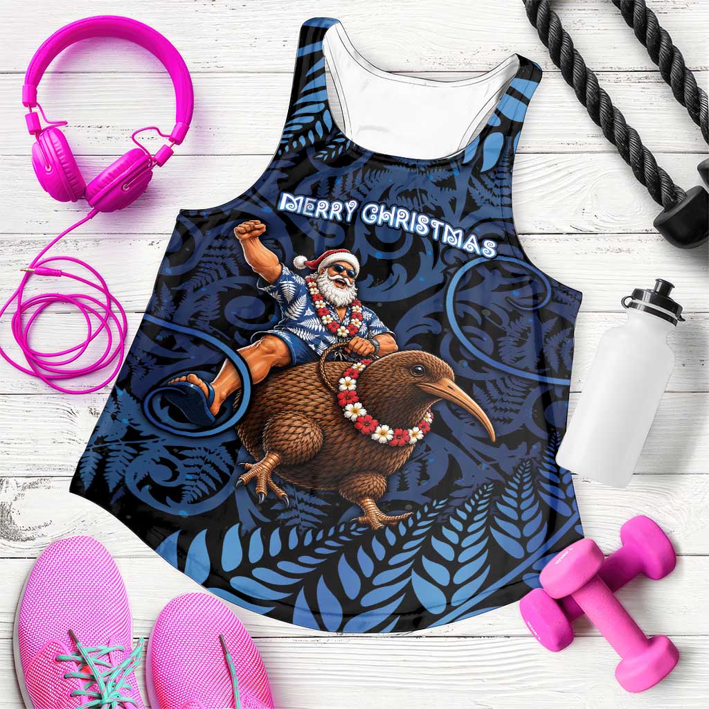 New Zealand Christmas Women Racerback Tank Santa Riding Kiwi Bird Silver Fern