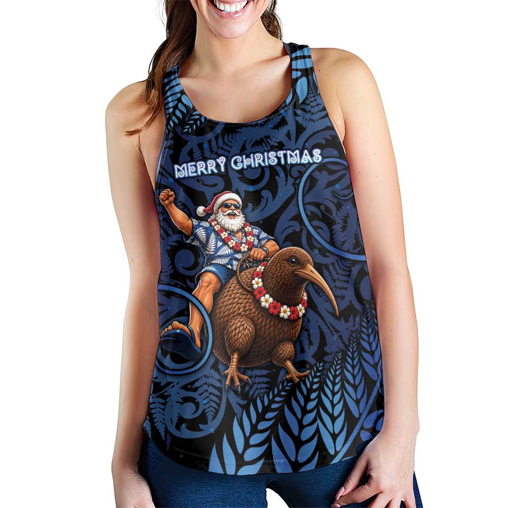 New Zealand Christmas Women Racerback Tank Santa Riding Kiwi Bird Silver Fern