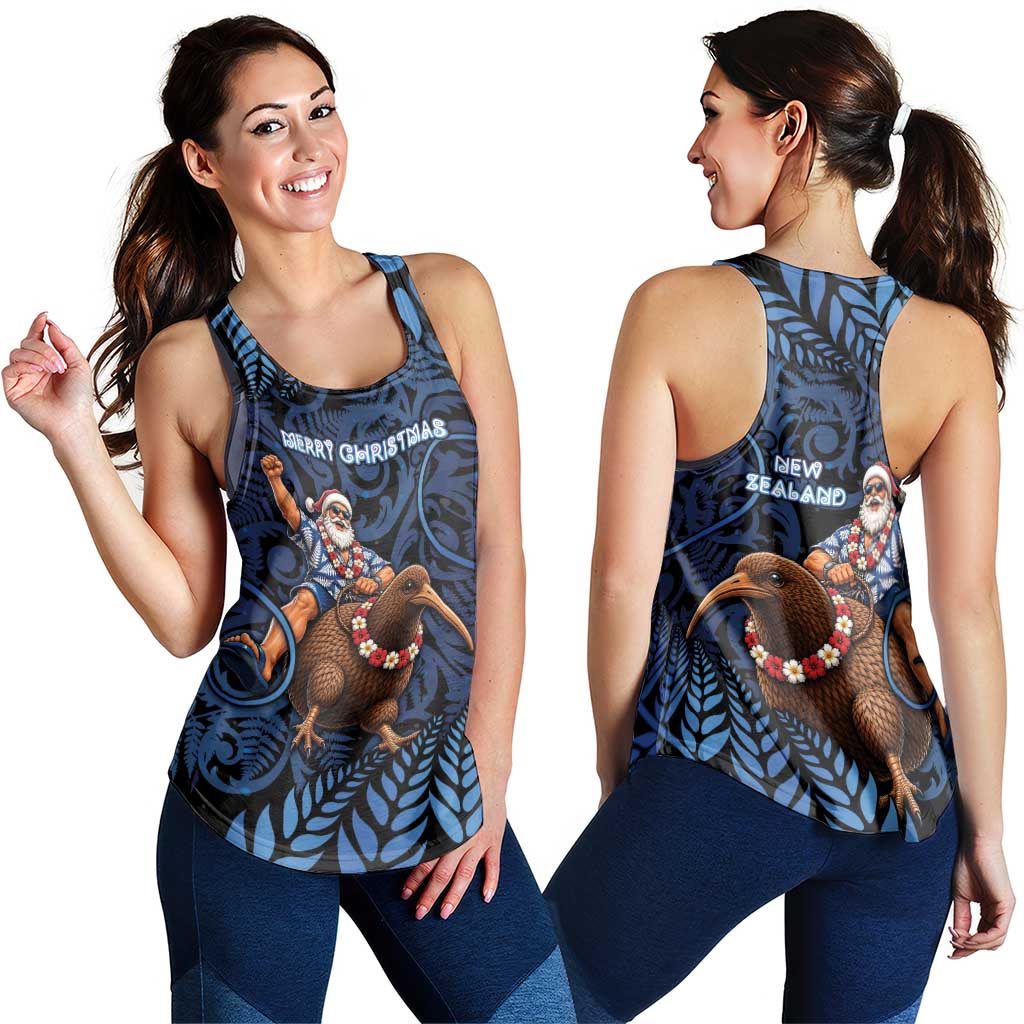 New Zealand Christmas Women Racerback Tank Santa Riding Kiwi Bird Silver Fern