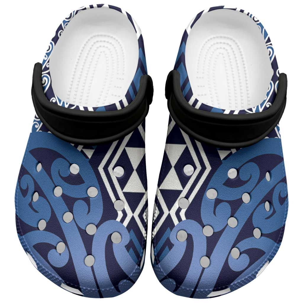 New Zealand Clogs Shoes Aotearoa Kowhaiwhai Mix Taniko Art - Blue - Aussie Hoodie