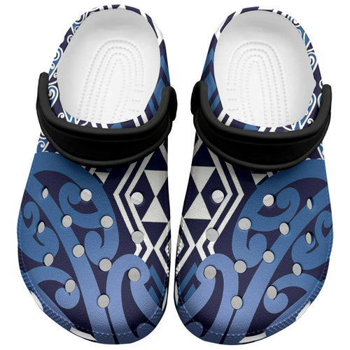 New Zealand Clogs Shoes Aotearoa Kowhaiwhai Mix Taniko Art - Blue - Aussie Hoodie