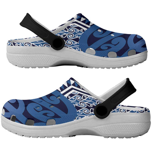 New Zealand Clogs Shoes Aotearoa Kowhaiwhai Mix Taniko Art - Blue - Aussie Hoodie