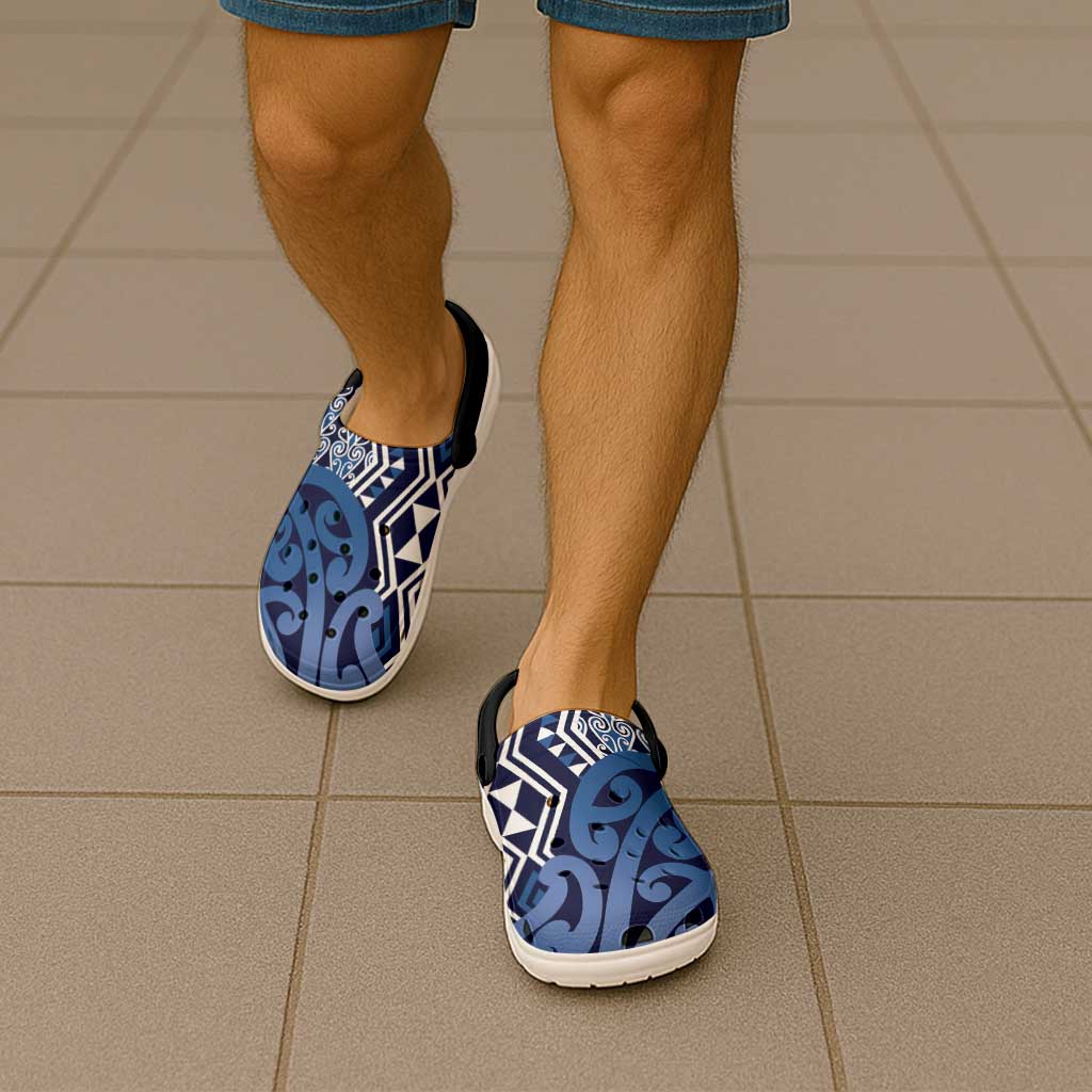 New Zealand Clogs Shoes Aotearoa Kowhaiwhai Mix Taniko Art - Blue - Aussie Hoodie