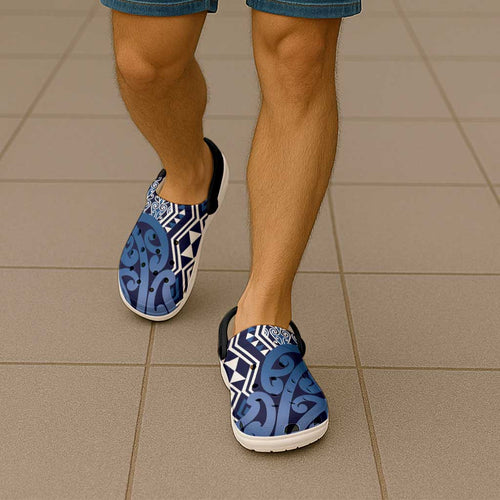 New Zealand Clogs Shoes Aotearoa Kowhaiwhai Mix Taniko Art - Blue - Aussie Hoodie