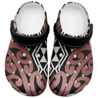 New Zealand Clogs Shoes Aotearoa Kowhaiwhai Mix Taniko Art - Brown - Aussie Hoodie
