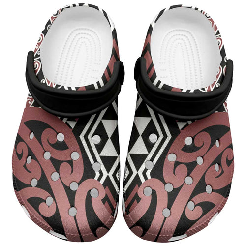 New Zealand Clogs Shoes Aotearoa Kowhaiwhai Mix Taniko Art - Brown - Aussie Hoodie