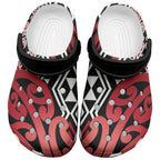 New Zealand Clogs Shoes Aotearoa Kowhaiwhai Mix Taniko Art - Red - Aussie Hoodie