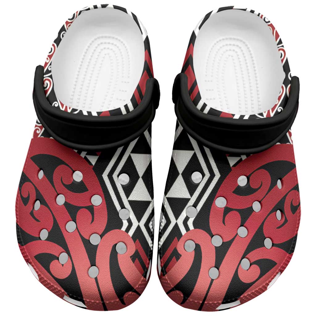 New Zealand Clogs Shoes Aotearoa Kowhaiwhai Mix Taniko Art - Red - Aussie Hoodie