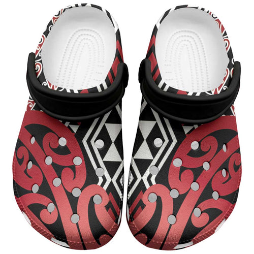 New Zealand Clogs Shoes Aotearoa Kowhaiwhai Mix Taniko Art - Red - Aussie Hoodie