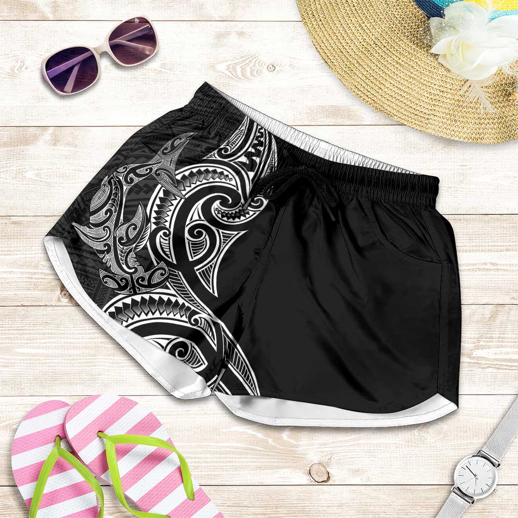 New Zealand Hammerhead Shark Shorts for Women Maori Haehae Mangopare Black - Aussie Hoodie