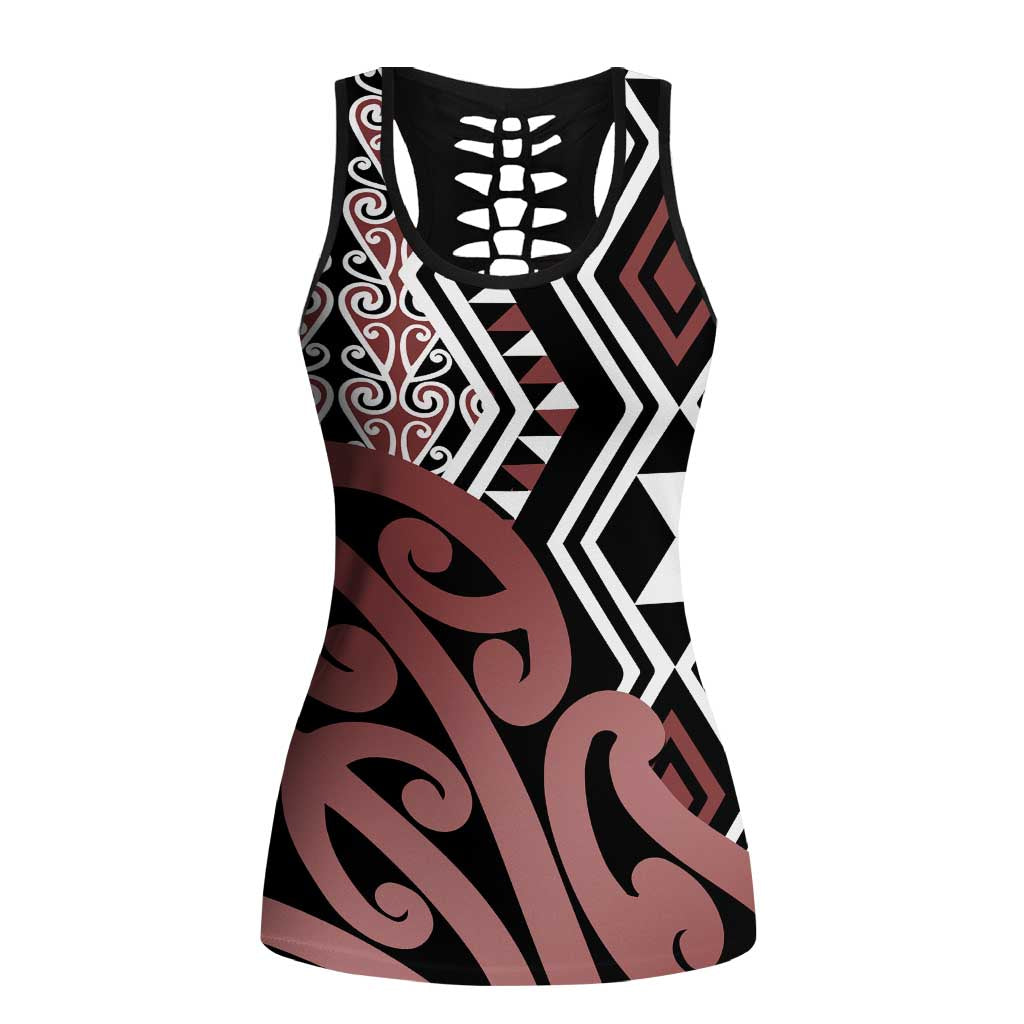 New Zealand Hollow Tank Top Aotearoa Kowhaiwhai Mix Taniko Art - Brown - Aussie Hoodie