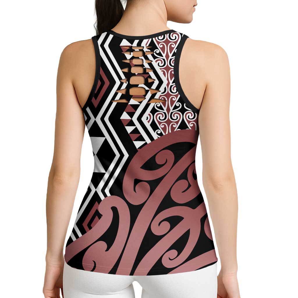 New Zealand Hollow Tank Top Aotearoa Kowhaiwhai Mix Taniko Art - Brown - Aussie Hoodie