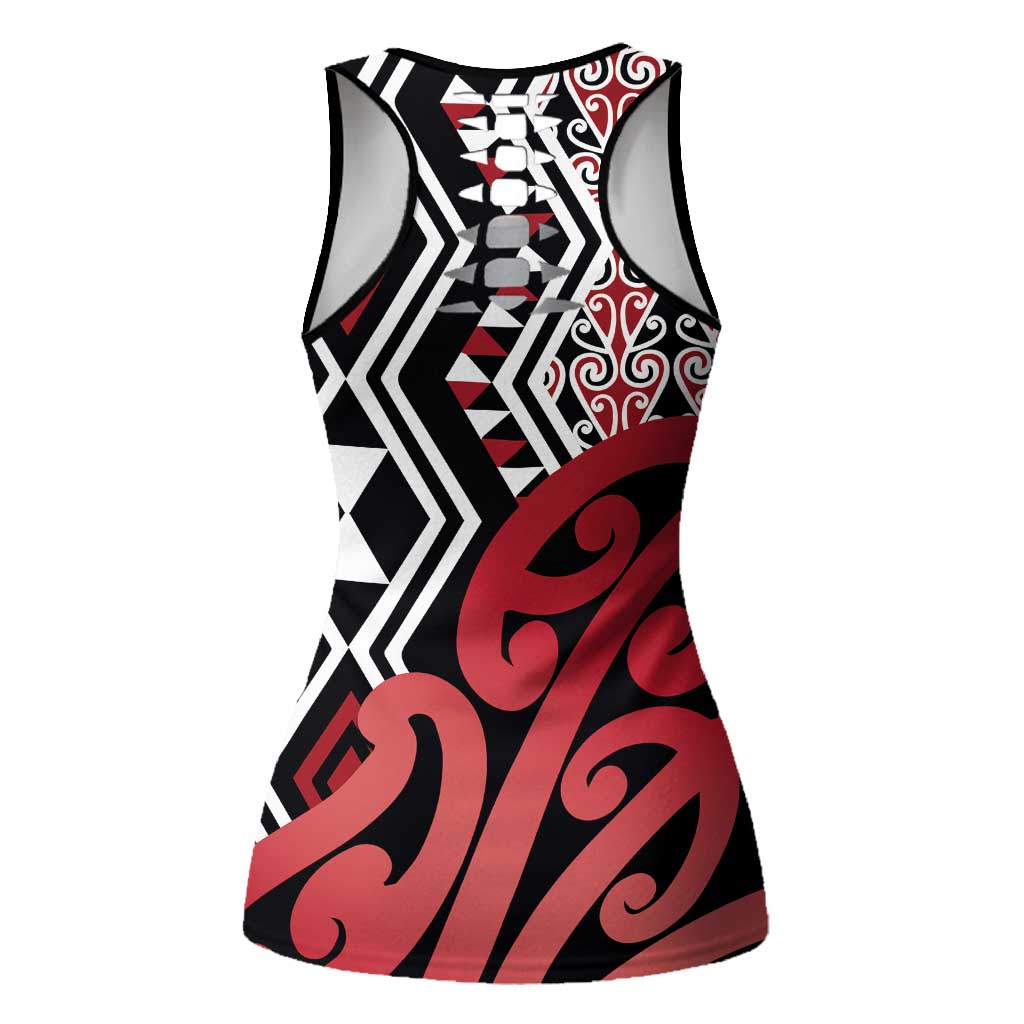 New Zealand Hollow Tank Top Aotearoa Kowhaiwhai Mix Taniko Art - Red - Aussie Hoodie