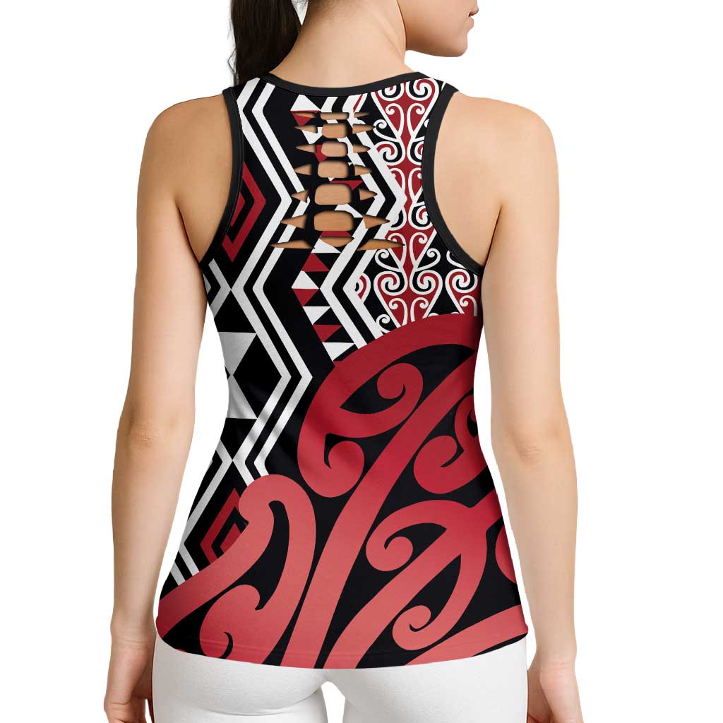 New Zealand Hollow Tank Top Aotearoa Kowhaiwhai Mix Taniko Art - Red - Aussie Hoodie