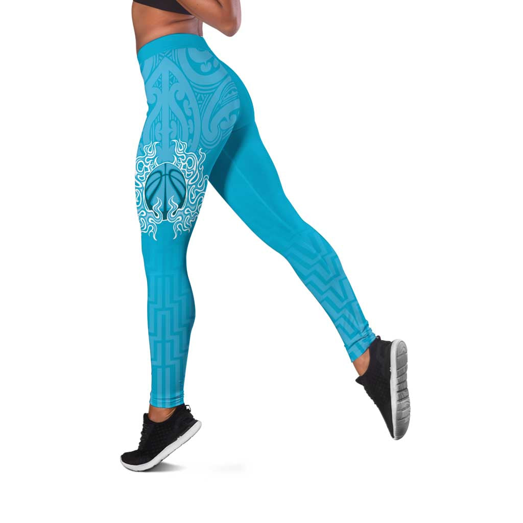 New Zealand Leggings Fire Basketball Maori Tribal Sky Blue - Aussie Hoodie