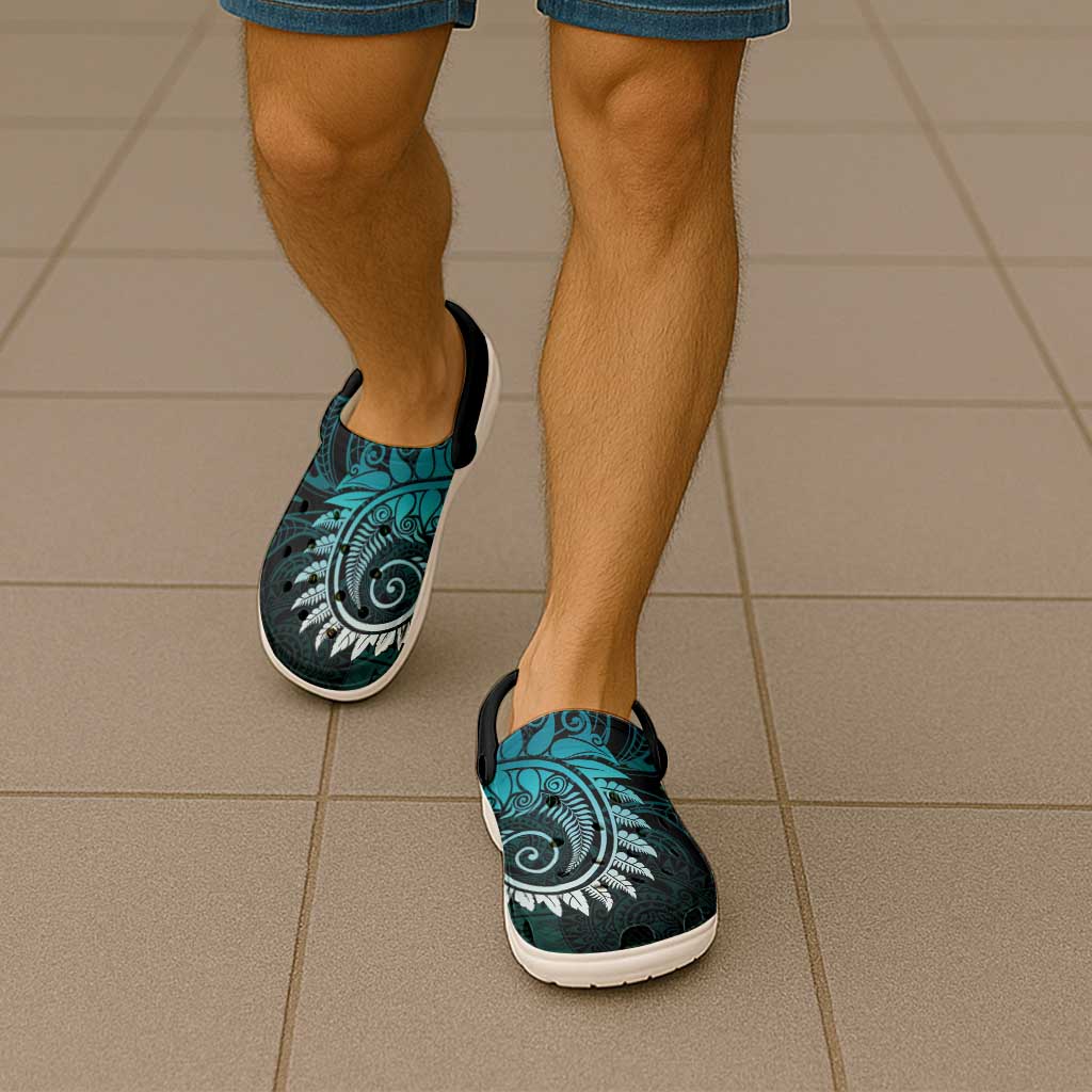 New Zealand Maori Koru Fern Clogs Shoes Spiral Polynesian Style Aqua Gradient - Aussie Hoodie