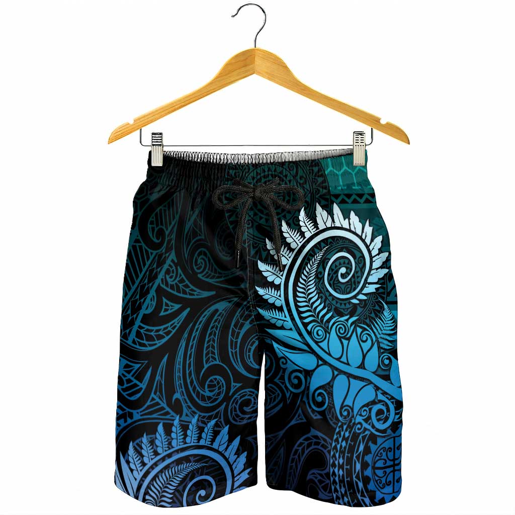 New Zealand Maori Koru Fern Shorts for Men Spiral Polynesian Style Aqua Gradient