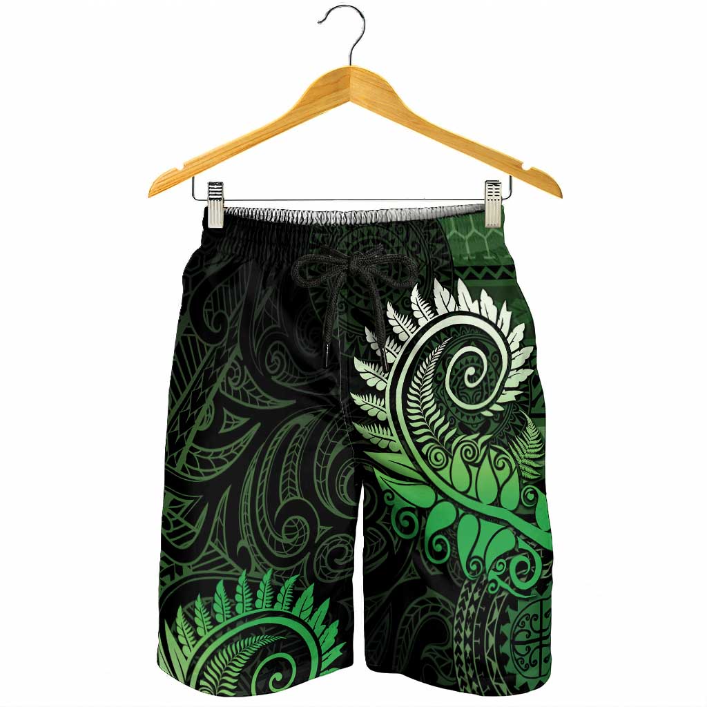 New Zealand Maori Koru Fern Shorts for Men Spiral Polynesian Style Green