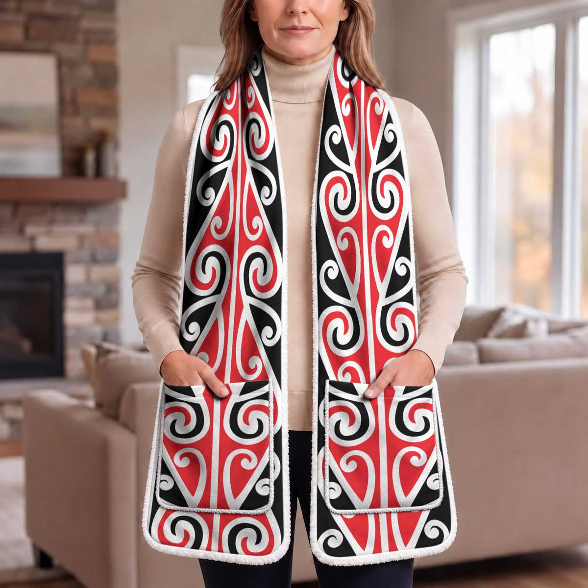 New Zealand Maori Kowhaiwhai Ngaru Pocket Scarf