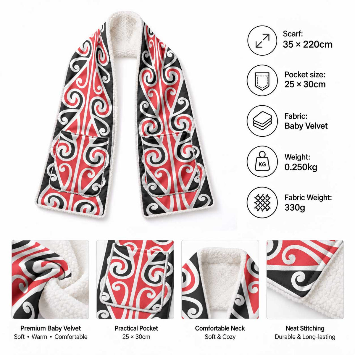 New Zealand Maori Kowhaiwhai Ngaru Pocket Scarf