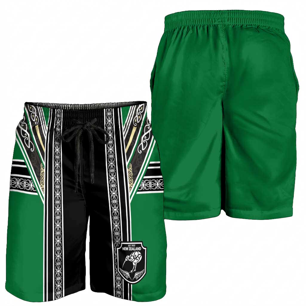 New Zealand Maori Rugby Shorts for Men Aotearoa Koru Geometric - Naturalistic Green