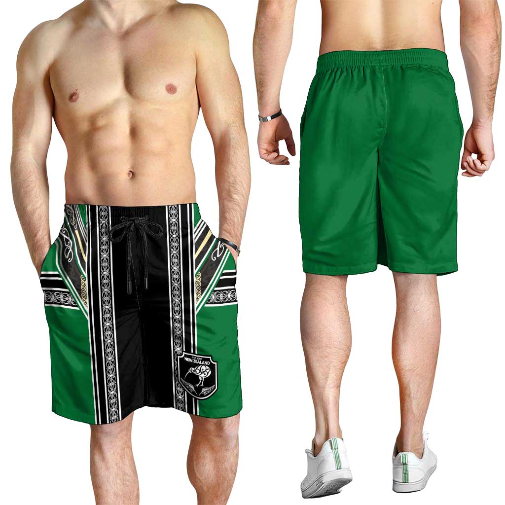 New Zealand Maori Rugby Shorts for Men Aotearoa Koru Geometric - Naturalistic Green
