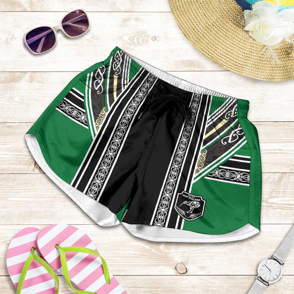 New Zealand Maori Rugby Shorts for Women Aotearoa Koru Geometric - Naturalistic Green