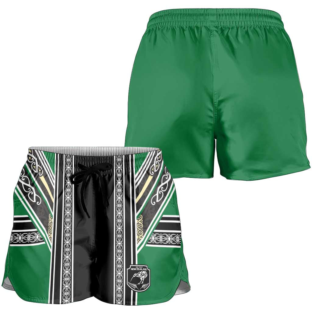New Zealand Maori Rugby Shorts for Women Aotearoa Koru Geometric - Naturalistic Green