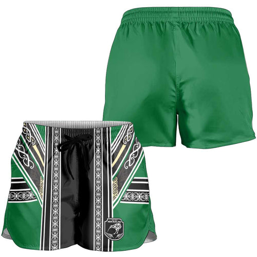 New Zealand Maori Rugby Shorts for Women Aotearoa Koru Geometric - Naturalistic Green
