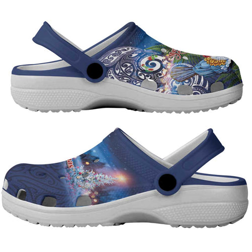 New Zealand Merry Christmas Clogs Shoes Maori Tribal Pattern with Xmas Tui Bird