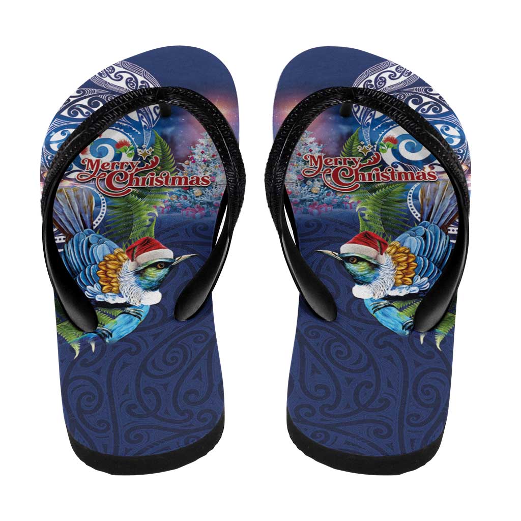 New Zealand Merry Christmas Flip Flops Maori Tribal Pattern with Xmas Tui Bird
