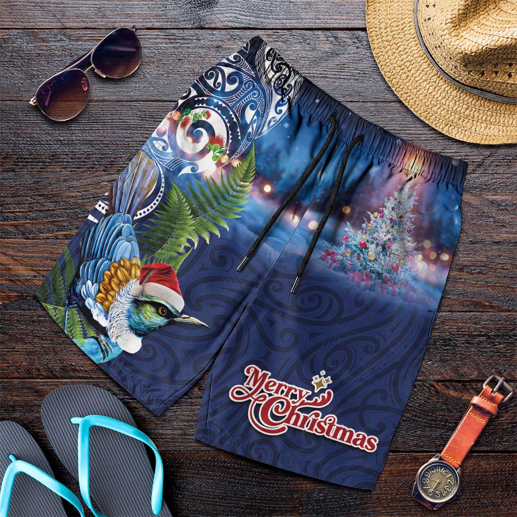 New Zealand Merry Christmas Shorts for Men Maori Tribal Pattern with Xmas Tui Bird