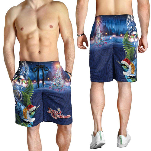 New Zealand Merry Christmas Shorts for Men Maori Tribal Pattern with Xmas Tui Bird