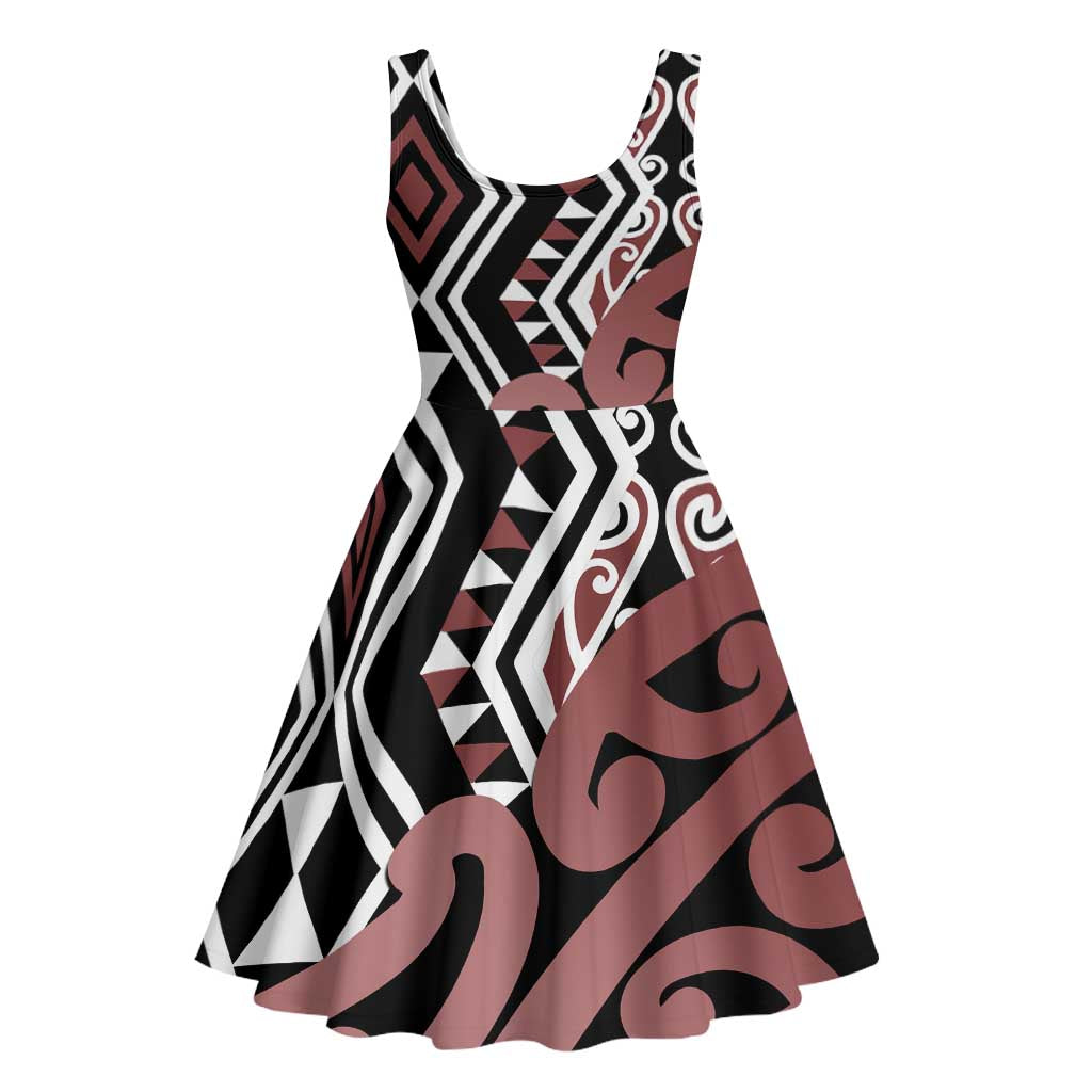 New Zealand Midi Dress Aotearoa Kowhaiwhai Mix Taniko Art - Brown - Aussie Hoodie