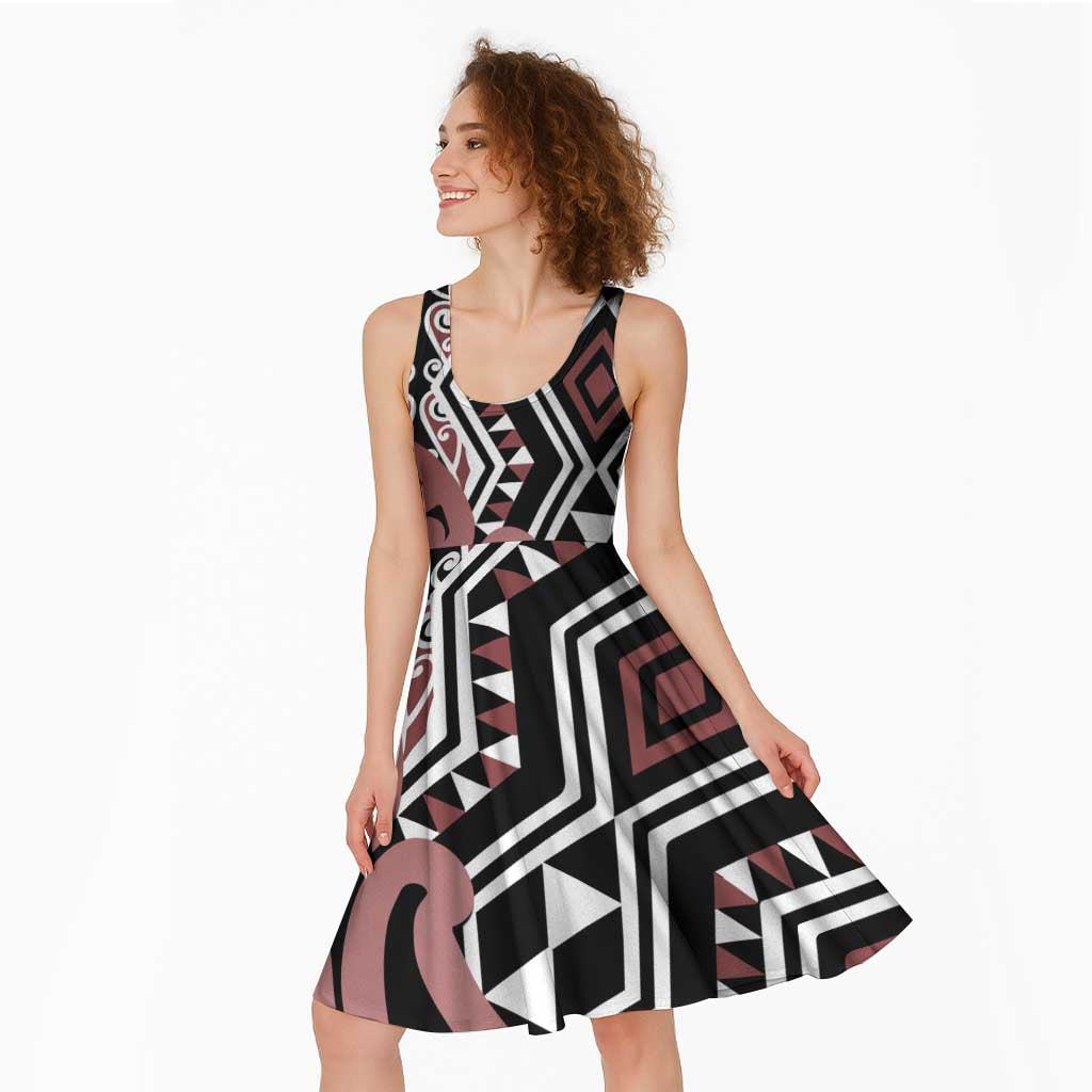 New Zealand Midi Dress Aotearoa Kowhaiwhai Mix Taniko Art - Brown - Aussie Hoodie