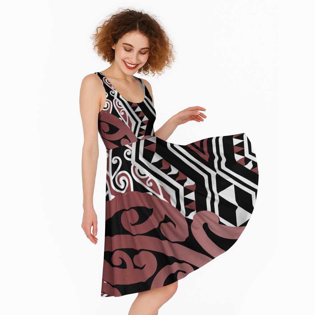 New Zealand Midi Dress Aotearoa Kowhaiwhai Mix Taniko Art - Brown - Aussie Hoodie