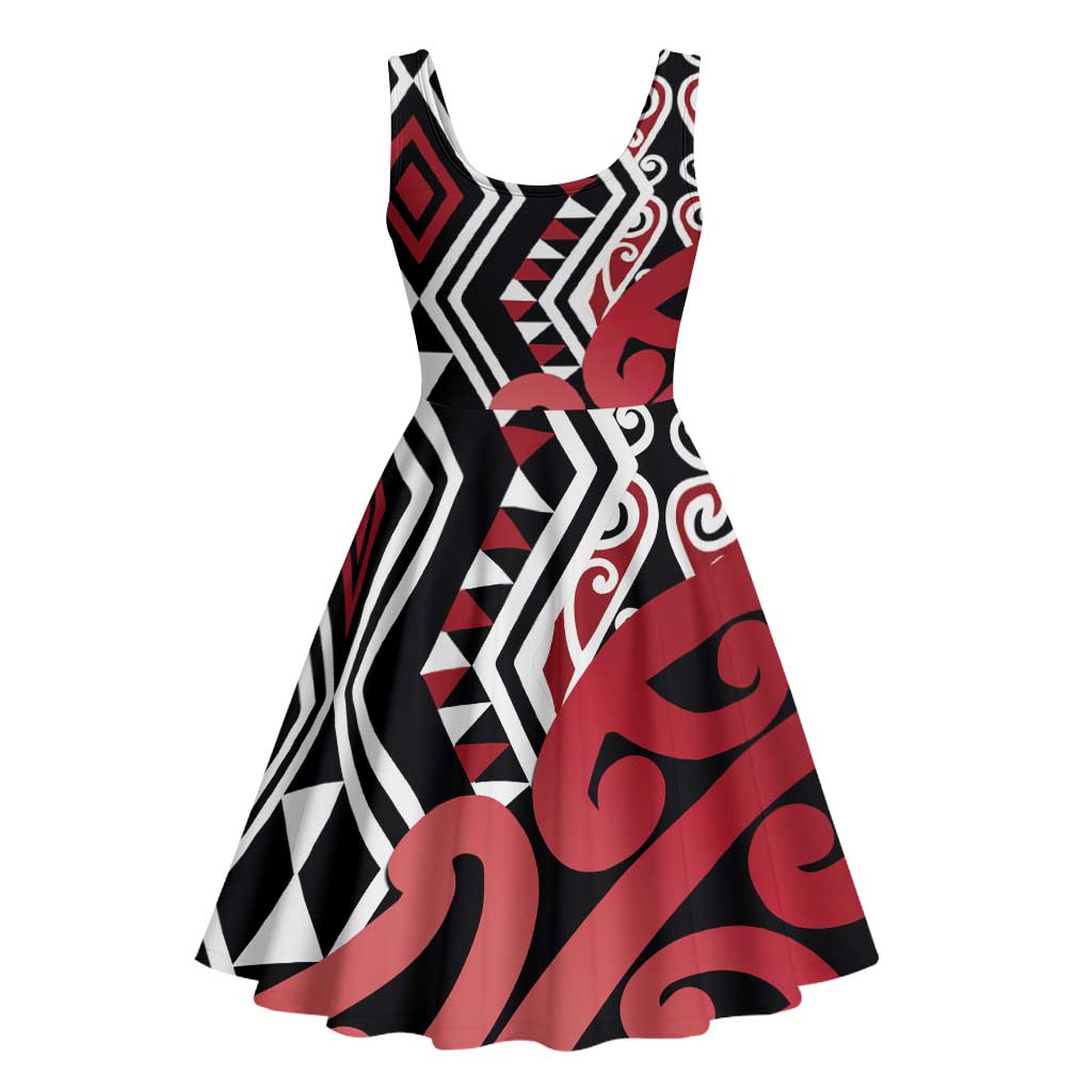 New Zealand Midi Dress Aotearoa Kowhaiwhai Mix Taniko Art - Red - Aussie Hoodie